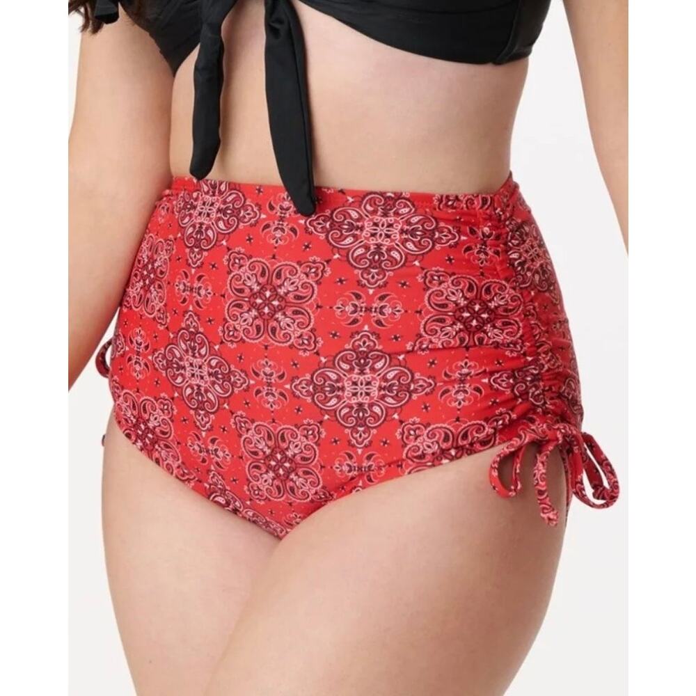 Unique Vintage Red Bandana Print High-Waist Bikini Bottoms